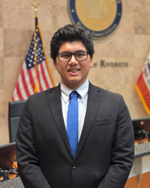 Person in suit, standing in front of a flag and county logo
